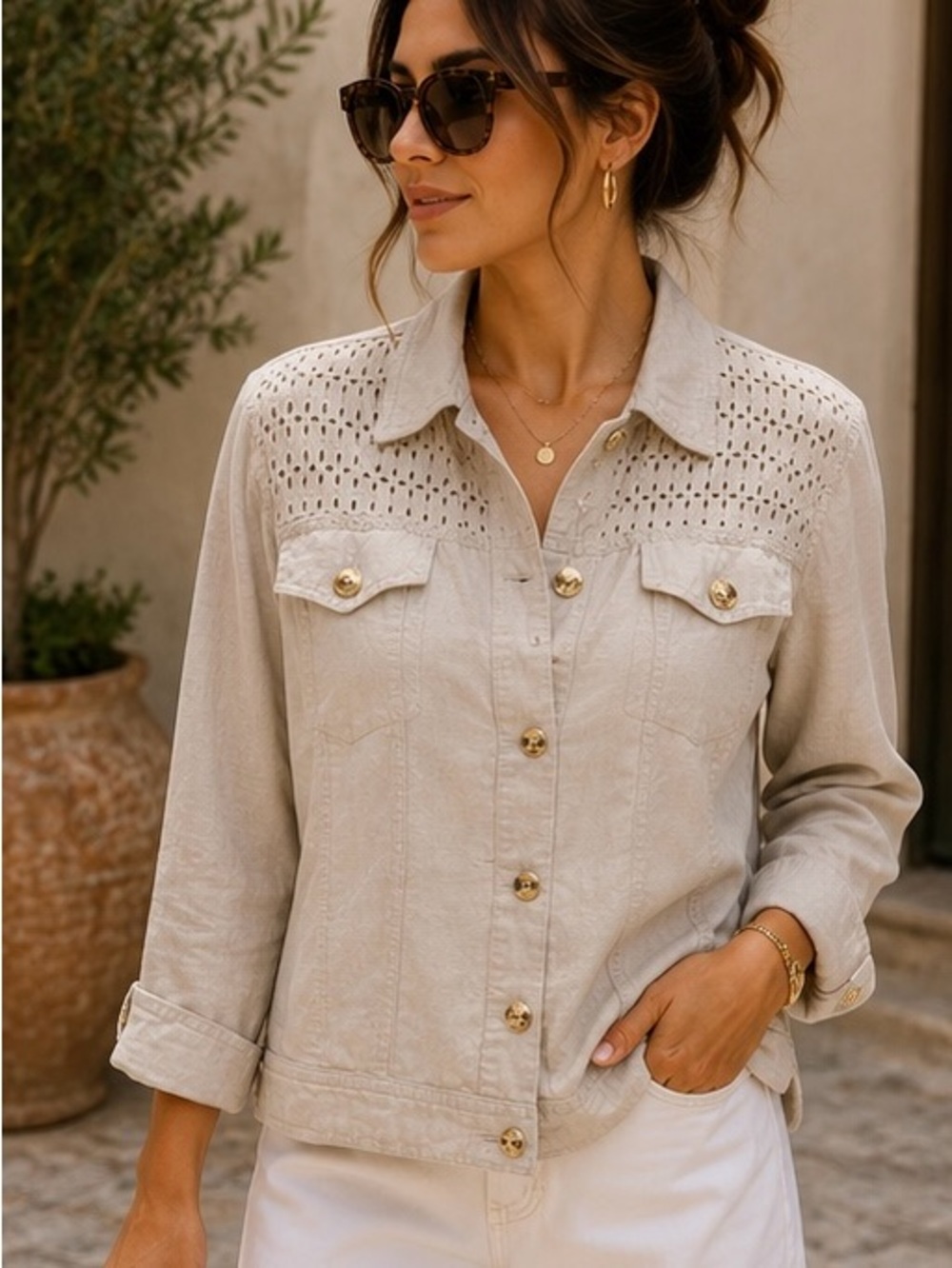 hearts of palm Beige Eyelet Utility Jacket